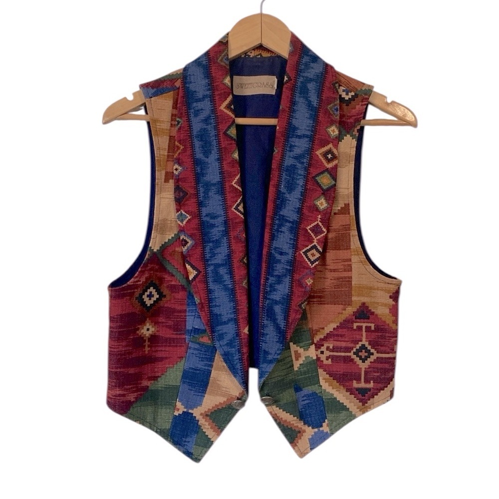 Vintage Sweetgrass 90s Tribal Concho Open Vest Boho Cowgirl Tapestry